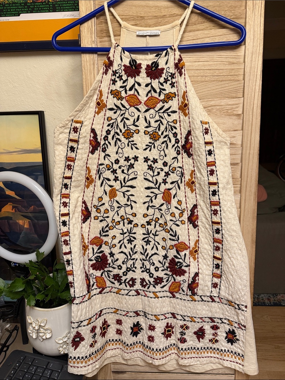 Zara Cream Halter Mini Dress with Maroon and Mustard Embroidery